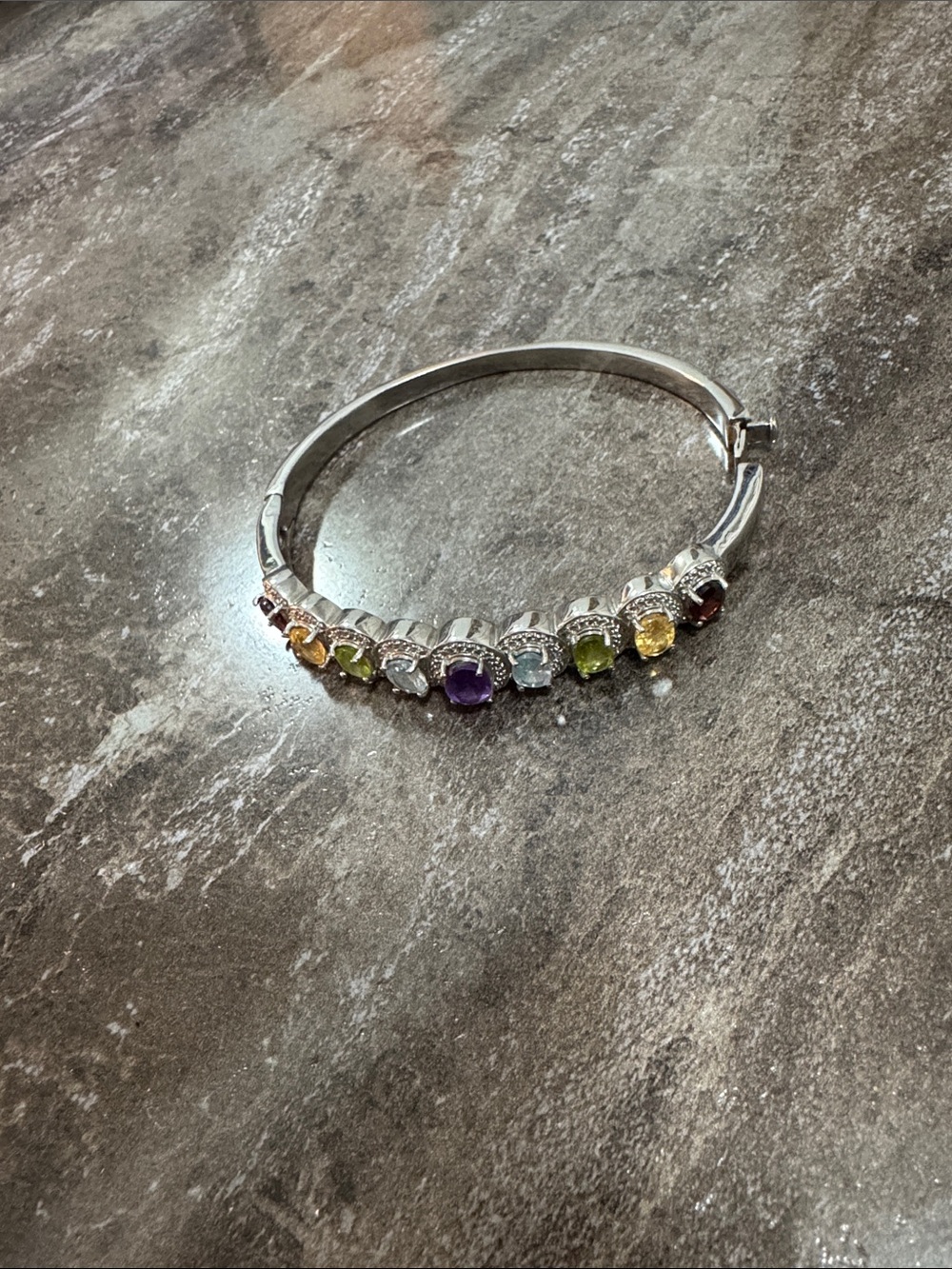 Multi-Gemstone Silver Bangle Bracelet - Colorful CZ Accents